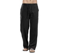 Pantalon en Coton et Lin pour Homme, Coupe Droite, idéal pour l'été et la Plage, avec Taille élastique, Noir, Taille 4XL