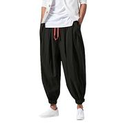 Pantalon sarouel elasticizzato da uomo, pantaloni larghi casual giapponesi in cotone e lino estivi, baggy harem pants, pantaloni sportivi da jogging, hip hop, streetwear, da spiaggia, con cintura