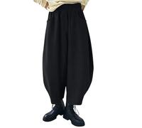 Pantaloncini a gamba larga in velluto a coste da donna, pantaloni a botte a vita elastica in cotone, pantaloni vintage a zampa larga, pantaloni harem da donna, UK, Nero , L