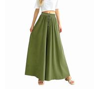 Pantaloncini a gamba larga per donna, pantaloni culottes con tasche, elastico in vita alta, estivi, pantaloni larghi per donna, Verde, M plus lungo