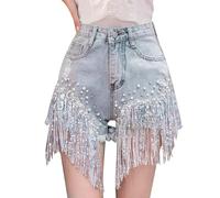 Pantaloncini a vita bassa con borchie a strass per donna, gamba larga, stile caldo e casual, morbido tessuto elasticizzato, vita alta regolabile, adatti per feste e uscita quotidiana (Blue, M)