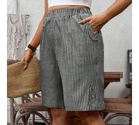 Pantaloncini bermuda a righe blu e bianche in stile francese per donne taglie forti, abbigliamento casual da spiaggia/vacanza per signore, estivo 0XL,1XL,2XL,3XL,4XLA strisceTessuto intrecciato