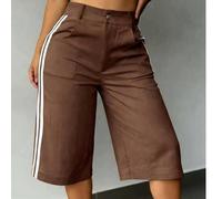 Pantaloncini Bermuda da donna in tessuto intrecciato con strisce laterali, dettagli utility, gamba dritta, senza elasticità, colore unito, pantaloncini cargo marroni estivi L,M,S,XL,XS,XXLColore unico
