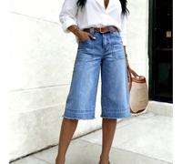 Pantaloncini Bermuda in denim lavato da donna, design capri a gamba dritta con elasticità media, casual & versatile per l'estate, uso quotidiano, stile senza sforzo L,M,S,XL,XXLColore unicoDenim