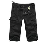 Pantaloncini cargo da uomo a 3/4, vestibilità comoda, in twill, con elastico in vita, multitasche, casual, vestibilità larga, sotto il ginocchio (nero, L)