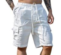 Pantaloncini Cargo da Uomo Cotone e Lino Comodo Pantaloni Corti Casual Traspirante Vita Elasticizzato Shorts Estivi Multi-Tasche Baggy Pantaloncini da Lavoro Sportivi Trekking Tinta Unita Bermuda