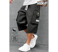 Pantaloncini cargo da uomo leggeri 3/4, con vita con coulisse e tasche grandi con toppe a lettera, pantaloni sportivi casual alla moda adatti per uso quotidiano e attività all'aperto, colore nero, est