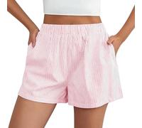 Pantaloncini casual da donna, in cotone e lino, traspiranti, a righe, leggeri, morbidi, comodi, elastici, per la casa, a gamba larga, a vita bassa, per il tempo libero, con tasche, S-L, Colore: rosa