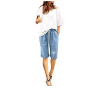 Pantaloncini casual da donna in lino di cotone con stampa pratica coulisse per un comfort casual, Azzurro cielo #1, S