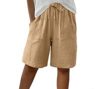 Pantaloncini Casual Donna Solidi Cinque Punti Estivi | Vita elastica, tessuto misto cotone lino, taglio sciolto, ideale per relax, solidi(Khaki XL)