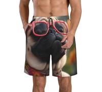 Pantaloncini Corti da Bagnos Uomini Leggeri Pantaloncini da Spiaggia Pug Wearing Sunglasses Flowers Print con Fodera a Rete Costume da Bagno per Surf Piscina Vacanza XL