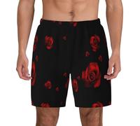 Pantaloncini Corti da Bagnos Uomo Casuale, Red Roses Black Background Print, Calzoncini da Beach Regolabile Piscina Surf Pantaloncini Nuoto, Vacanza 3XL