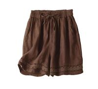 Pantaloncini corti da donna in lino, estivi, sottili, retrò, cava, elasticizzati, per il tempo libero, tinta unita, in lino, da donna, in cotone e lino, marrone, XL