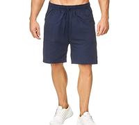 Pantaloncini corti da uomo, in lino, casual, vestibilità classica, con elastico in vita, con coulisse, estivi, da spiaggia, da corsa e lounge (blu scuro, S)