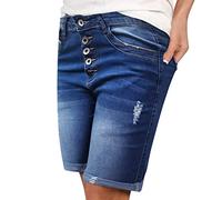 Pantaloncini Corti Donna Jeans Bermuda da donna al ginocchio, in denim, elasticizzati, a contrasto, con risvolto, in denim, con orlo arrotolato, casual, estivi, classici, in cotone, con tasche