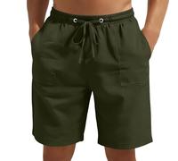 Pantaloncini corti estivi da uomo, bermuda, a gamba larga, in cotone e lino, per il tempo libero, per lo sport, per allenamento, vita elasticizzata, traspiranti, O verde dell'esercito, XXL