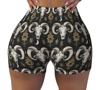Pantaloncini da allenamento da donna, senza cuciture, con stampa mistica con teschio di ariete, per biker, palestra, yoga, corsa, in spandex, Nero, L