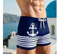 Pantaloncini da bagno da uomo con stampa a righe e ancora nautica - con vita con laccetto, adatti per spiaggia e piscina L,M,S,XL,XXLA strisceTessuto in maglia