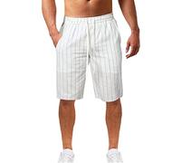 Pantaloncini da bagno da uomo Pantaloncini da spiaggia in lino a righe Pantaloncini da spiaggia da uomo Lunghezza al ginocchio Mezzi pantaloni elastici in vita Tronchi da vacanza con coulisse