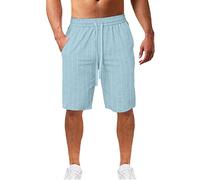 Pantaloncini da bagno da uomo Pantaloncini da spiaggia in lino a righe Pantaloncini da spiaggia da uomo Lunghezza al ginocchio Mezzi pantaloni elastici in vita Tronchi da vacanza con coulisse