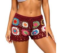 Pantaloncini da bagno unisex con motivo patchwork e granny square, leggeri e a basso costo, ideali per spiaggia e piscina, con vita elastica e coulisse, disponibili in taglie dalla S alla L. (Brick