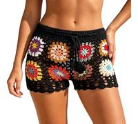 Pantaloncini da bagno unisex con motivo patchwork e granny square, leggeri e a basso costo, ideali per spiaggia e piscina, con vita elastica e coulisse, disponibili in taglie dalla S alla L. (Black,