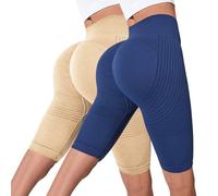Pantaloncini da ciclismo da donna, lunghezza al ginocchio, confezione da 2 pezzi, elasticizzati, a vita alta, per fitness, coprenti, per yoga, fitness, lounge, palestra, Blu marino 1, M