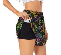 Pantaloncini da corsa 2 in 1 da donna, superficie Mardi Gras a vita alta, per yoga, palestra, atletica, allenamento, pantaloncini da donna, Nero, M