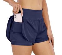 Pantaloncini da Corsa Donna, Shorts Sportivi Estivi 2 in 1 a Vita Alta per Yoga Fitness con Tasche con Cerniera Interna Blu XS