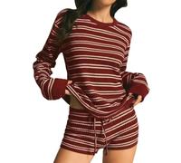 Pantaloncini da Donna a Maniche Lunghe a Righe Oversize In 2 Pezzi | Mini Pantaloncini con Coulisse Set Casual In Maglia da Donna