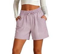 Pantaloncini da donna a righe elasticizzati in vita con tasche, casual, estivi, con coulisse, spiaggia, vacanze, lounge, vestibilità rilassata, pantaloni a metà coscia per donne del Regno Unito, rosa