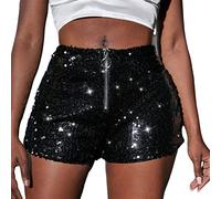Pantaloncini da donna a vita alta con paillettes elasticizzati glitterati una linea a gamba dritta per feste concerti pantaloncini casual Clubwear rave, pantaloni, Nero , L