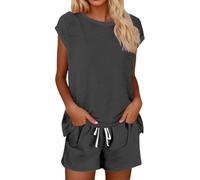 Pantaloncini da donna casual, comodi per l'uso quotidiano, con coulisse, design a girocollo, perfetti per la stagione primavera-estate, grigio scuro, XL