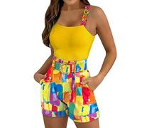 Pantaloncini da donna, con gilet e cintura, set da 3 pezzi, top con spalle scoperte, abbigliamento estivo, da donna, camisole, corti, sexy, bermuda da donna con crop top per tutti i giorni, Giallo 2,