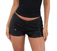Pantaloncini da donna con paillettes, a gamba dritta, a vita bassa, con elastico in vita, glitterati, tinta unita, per feste, Nero , M