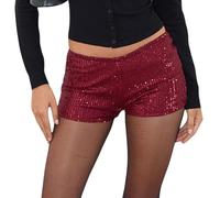 Pantaloncini da donna con paillettes, a gamba dritta, a vita bassa, con elastico in vita, glitterati, tinta unita, per feste, Porpora, L