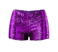 Pantaloncini da donna con paillettes glitter elastico a vita alta una linea di concerto per feste pantaloncini tinta unita lucido gamba dritta Clubwear Hot Pants, Viola, M