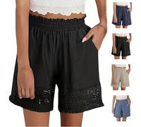 Pantaloncini da donna elasticizzati a vita alta in pizzo scava fuori cotone lino pantaloncini comodi elasticizzati con bordo in pizzo estivo da spiaggia pantaloncini con volant in lino, Nero , L