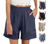 Pantaloncini da donna elasticizzati a vita alta in pizzo scava fuori cotone lino pantaloncini comodi elasticizzati con bordo in pizzo estivo da spiaggia pantaloncini con volant in lino, Blu scuro, M