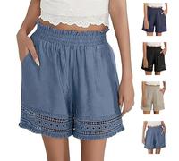 Pantaloncini da donna elasticizzati a vita alta in pizzo scava fuori cotone lino pantaloncini comodi elasticizzati con bordo in pizzo estivo da spiaggia pantaloncini con volant in lino, Blu, XL