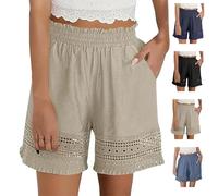 Pantaloncini da donna elasticizzati a vita alta in pizzo scava fuori cotone lino pantaloncini comodi elasticizzati con bordo in pizzo estivo da spiaggia pantaloncini con volant in lino, Albicocca, S