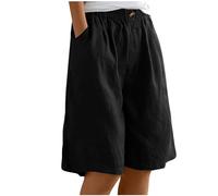 Pantaloncini da Donna, Estivi, Corti, Lunghezza al Ginocchio ed Elasticizzati in Vita, in Cotone e Lino, Stile Informale Casual, per la Spiaggia e Il Tempo Libero, Larghi, Tipo Bermuda (A1-Nero, L)