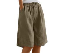Pantaloncini da donna in cotone e lino, estivi, lunghezza al ginocchio, bermuda corti larghi cargo corti pantaloni corti casual elastico in vita pantaloni culottes da donna con tasche sport lavoro
