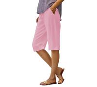 Pantaloncini da donna in cotone e lino, lunghezza al ginocchio, culottes da donna, leggeri, atletici, sportivi, pantaloni corti estivi con vita alta elastica, taglie forti, casual, da spiaggia