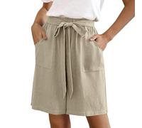 Pantaloncini da donna in cotone e lino, lunghezza al ginocchio, vestibilità ampia, pantaloncini estivi a vita alta, gamba dritta, pantaloni sopra il ginocchio, pantaloni corti in lino con tasche
