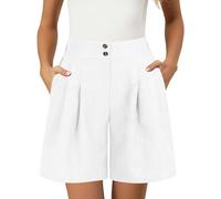 Pantaloncini da donna in cotone e lino, vestibilità aderente, formale, elegante, casual, lavoro, ufficio, lavoro, pantaloncini elasticizzati, a vita alta, gamba larga, bermuda a pieghe con tasche