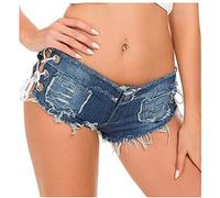 Pantaloncini da donna in denim con lacci e sfilacciati, pantaloncini da donna, mini sexy (blu, L)