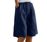 Pantaloncini da donna in lino di cotone estivi, capri, a lunghezza ginocchio, bermuda, cargo, larghi, pantaloni cropped, pantaloni casual a vita elastica, pantaloni culottes da donna con tasche