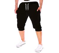 Pantaloncini da jogging a 3/4 da uomo, aderenti, pantaloni da corsa, palestra, allenamento, allenamento, estivi, spiaggia, yoga, con coulisse, abbigliamento estivo, Nero , M