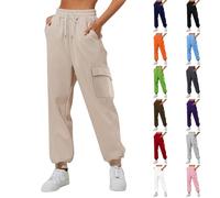 Pantaloncini da lavoro cargo da donna, stretch, taglia grande, pantaloni cargo da donna con vita elastica, pantaloni a vita alta con coulisse, loungewear con diverse tasche e gambe strette, bianco, L